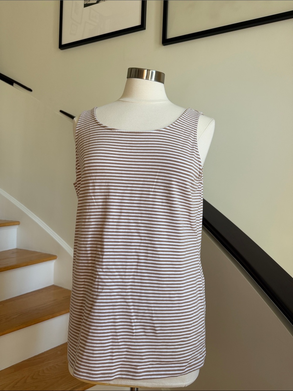 Talbots White and Taupe Striped Sleeveless Tank Top